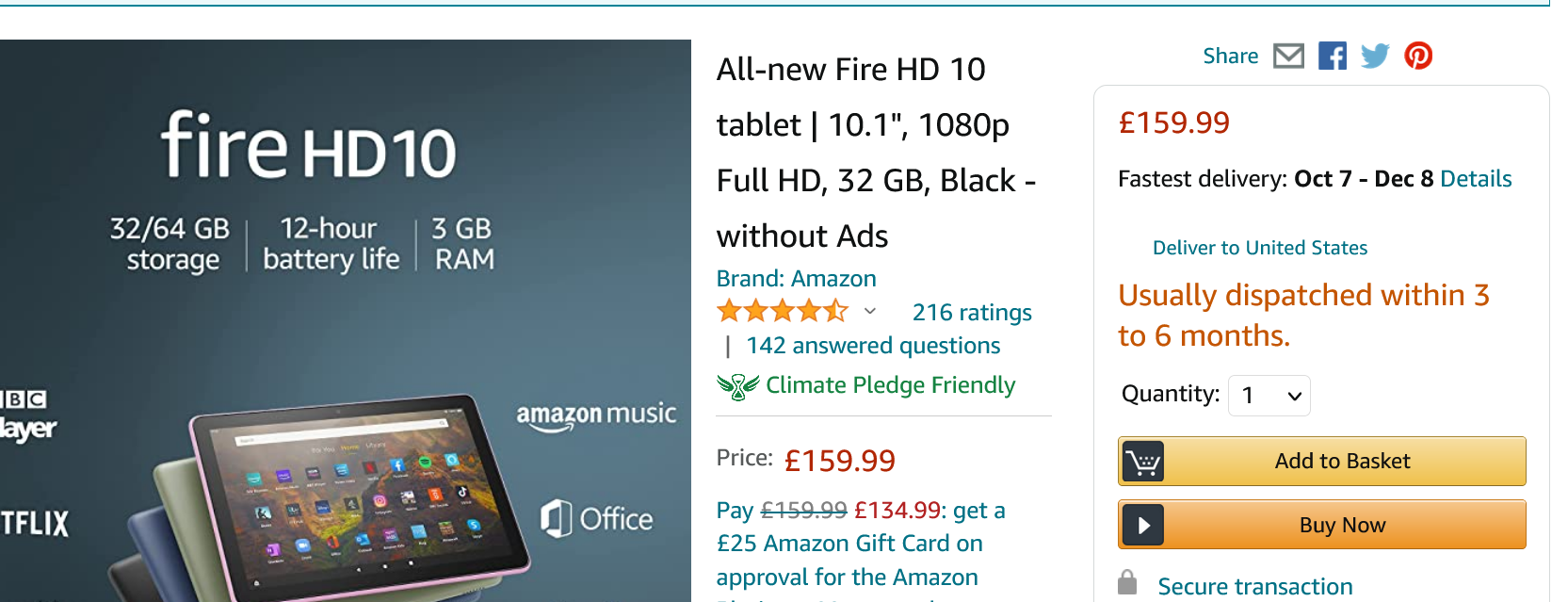 6 Month Shipping amazon prime for new HD10 tablet???