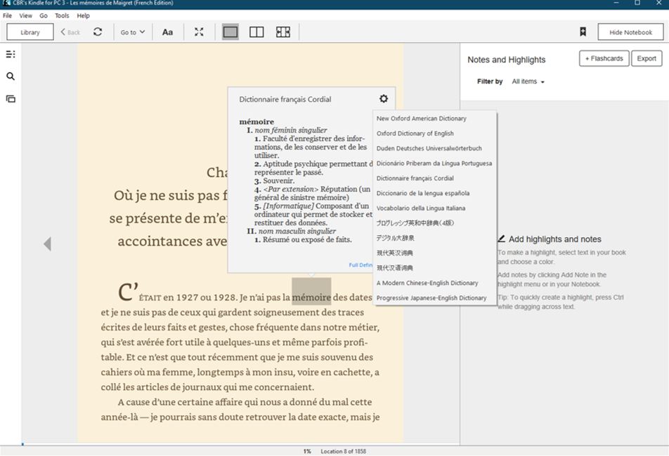 How can I change the dictionary on the new desktop application?